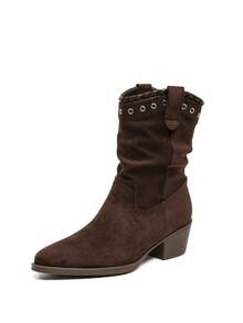 Lock-Hole Woven Edge Chunky Heel Western Boots Solid Color Patchwork Slouchy Boots Fashion Versatile Ankle Boots Slouchy Pointed Toe Suede Boots Suitable For Music Festival Halloween - Brown - View 8