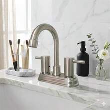 Lead-Free, Brushed Nickel Bathroom Sink Faucet, 4-Inch, With Two Handles And Center Mount - 拉絲鎳 - 查看 5