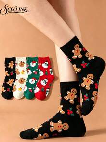 4 paia di calze a metà polpaccio da donna con motivi natalizi a cartoni animati, calze a metà polpaccio da donna a tema natalizio autunno/inverno con Babbo Natale & omino di pan di zenzero, calze regalo per le vacanze per studenti - Multicolore - Visualizzare 1