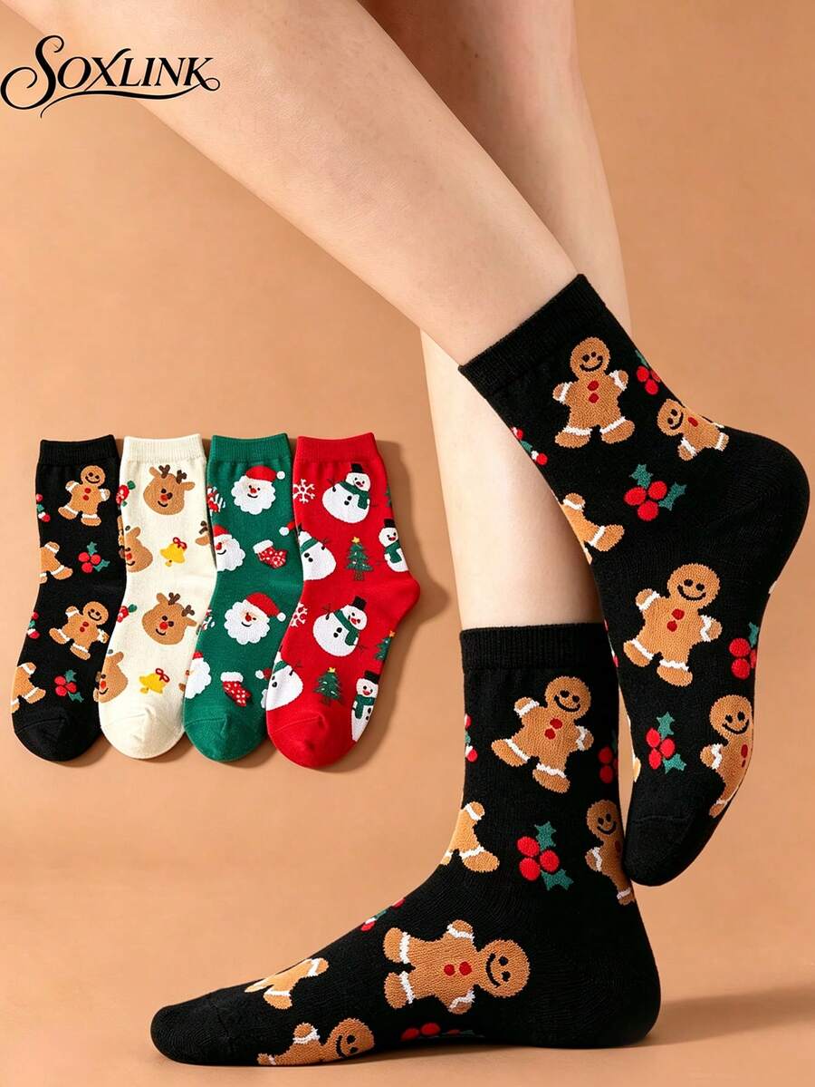 4 paia di calze a metà polpaccio da donna con motivi natalizi a cartoni animati, calze a metà polpaccio da donna a tema natalizio autunno/inverno con Babbo Natale & omino di pan di zenzero, calze regalo per le vacanze per studenti - Multicolore - Visualizzare 1