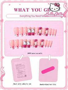 萬聖節 Sanrio Hello Kitty 24片 Y2K 中號方型法式指尖穿戴甲，可愛 3D Hello Kitty、幽靈、南瓜頭與愛心設計，完美貼合的壓克力假指甲套組，適合日常派對、聚會與特殊場合 - 彩色 - 查看 3