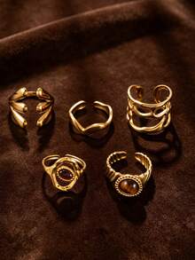5pcs Maillard Vintage Gold-Plated Stainless Steel Open Rings, Hollow Asymmetrical Tiger Eye Stone Texture Mixed Finger Rings, Men's Daily Layering Ring Set - Gold - View 2