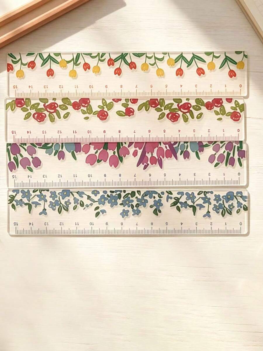 1/2/4pcsTransparent Flower Ruler, 5.91 Inches 15cm Acrylic Ruler With Centimeter Scale, Student Supplies And Business Office! Back-To-School And Office Measuring Tools, Suitable For Valentine's Day, Birthday Gifts, Party Favors, Crafting And Drawin - Multiple Styles - View 1