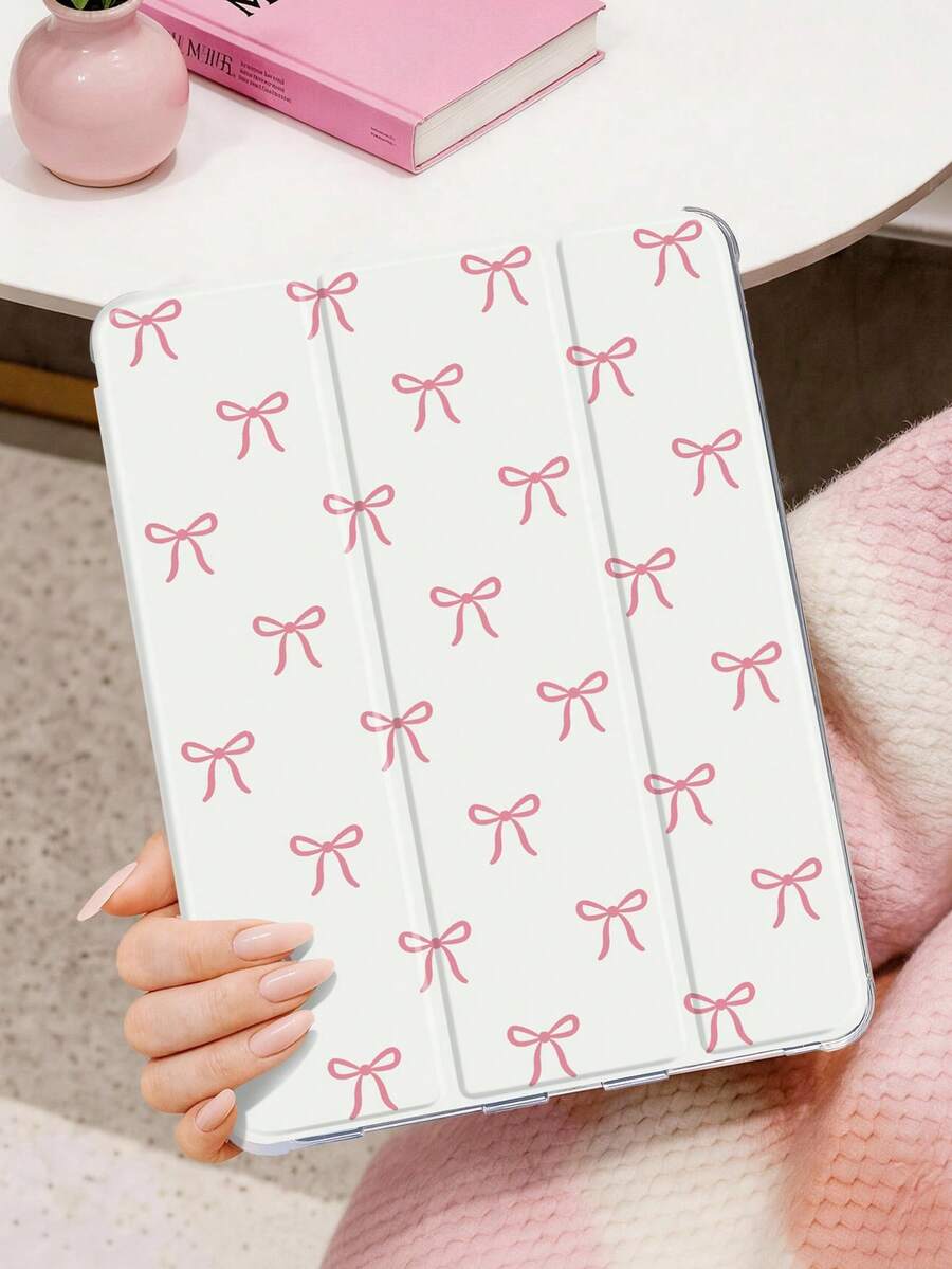 1pc Pink Bow Tablet Case, Compatible With IPad Mini 4/5/6/7/Air/Air2/9.7/10.2/10.5/10.9 (Air4-Air8)/Pro 11/10th Gen/A16/Pro 11 2024, Galaxy A8 Model, Painted Pattern Soft Shell, Tri-Fold Stand, Auto Sleep/Wake, Built-In Pencil Slot, Pencil Not Included - Multicolor - View 1