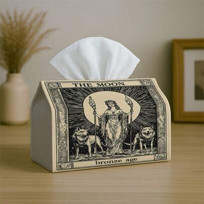 1pc Tissue Box Storage Holder, Mysterious Moon Witch Design With Black And Beige Wolf Line Art, Made Of Durable Polyester. Perfect For Kitchen, Living Room, Bedroom, Bathroom, Halloween Use.