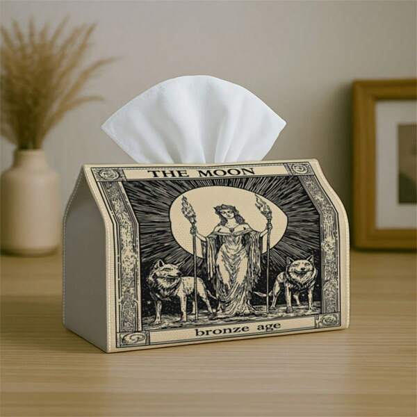 1pc Tissue Box Storage Holder, Mysterious Moon Witch Design With Black And Beige Wolf Line Art, Made Of Durable Polyester. Perfect For Kitchen, Living Room, Bedroom, Bathroom, Halloween Use.