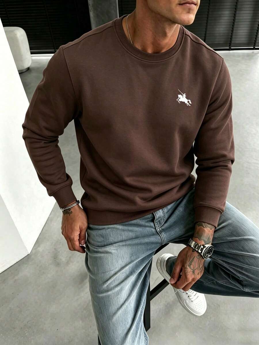 Men's Crew Neck Knight Graphic Casual Daily Wear Sweatshirt - Brown - View 1