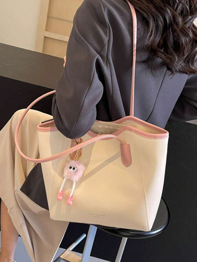 Women's Shoulder Tote Bag, Solid Color & Dual Tone, Plush Monster Doll Pendant, Zipper Closure, Large Capacity, Sweet Commute Daily Work Shopping Handbag - Pink - View 4