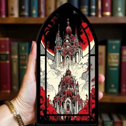 1pc 2D Flat Gothic Castle Blood Moon Bookend - Painted Acrylic Window Design, Suitable For Library, Office Decoration, Gothic Architecture Style Bookshelf End Decor, With Gemstone Tones, Adding A Fantasy Corner Accent To Your Bookshelf, 2D Flat Bookend