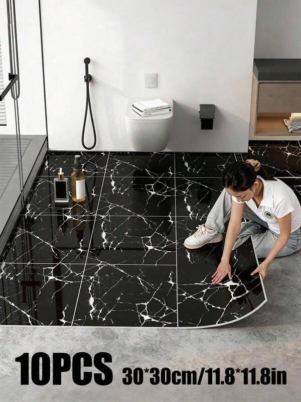 10pcs 3mm Thick Faux Ceramic Wall Stickers, 30*30cm Luxury Marble Tile Stickers, Waterproof And Oil-Resistant, Suitable For Bathroom Floor, Kitchen Wall, TV Background Wall, Office Decor, Home Renovation, Easy To Maintain