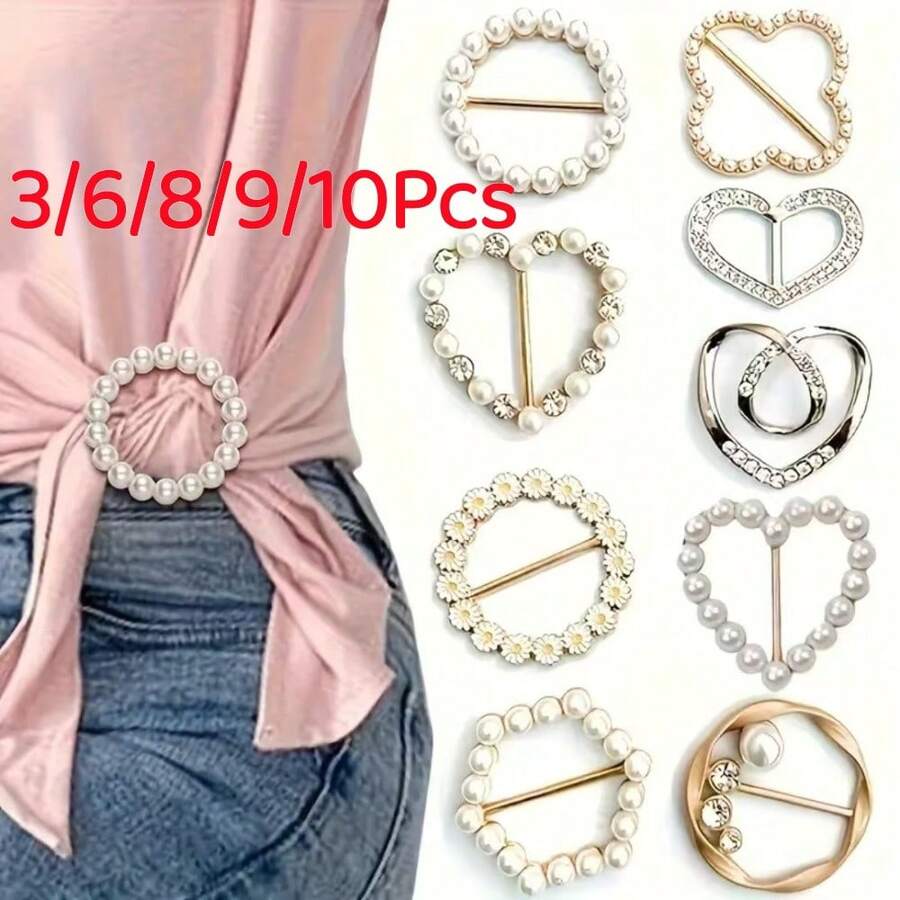 3/6/8/9/10Pcs Sparkling Rhinestone Hollow T-Shirt Clips - Elegant Hollow Button Design, Gold-Tone Alloy Buckle, Suitable For Shirts, Dresses And Jeans - Suitable For Formal And Casual Occasions - Unisex Accessory