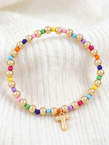 1 Buah Gelang Huruf Manik-Manik Kecil untuk Anak Perempuan, Gelang Elastis dengan Liontin Huruf Awal Tunggal A-Z Kustom, Gelang Manik-Manik Buatan Tangan Berwarna-warni Gaya Boho yang Dapat Ditumpuk, Aksesori Harian - MultiWarna - View 24