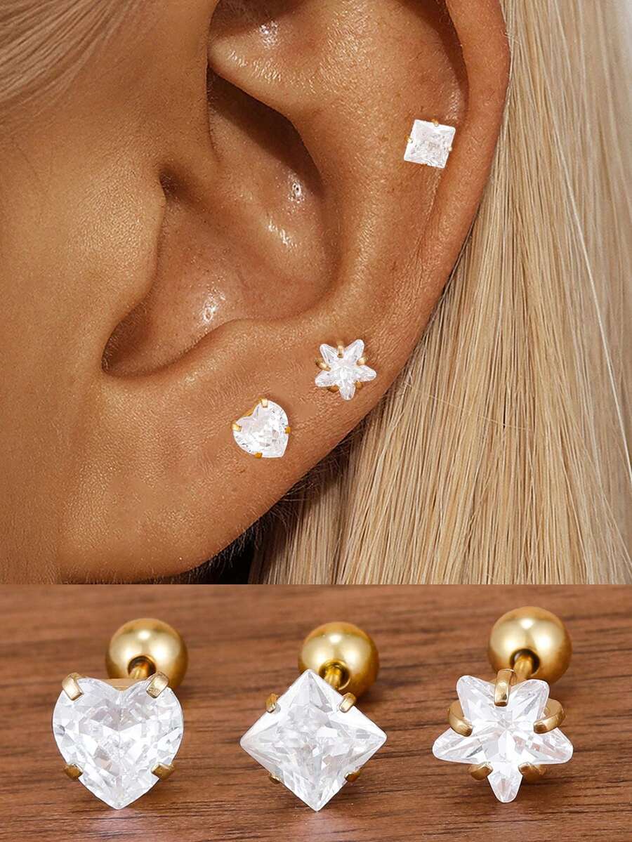 3 buah Anting Tindik Hati Kristal Minimalis Stainless Steel Berlapis Emas 18K untuk Helix, Tragus, dan Tulang Rawan. Perhiasan Hadiah - 2-Emas-3PCS - View 1