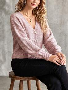 Women's V-Neck Single-Breasted Fall/Winter Soft Loose Gentle Lazy Knit Long Sleeve Cardigan – Tea Time Boutique Shopping Date Layering Versatile Basic - Mauve Purple - View 4