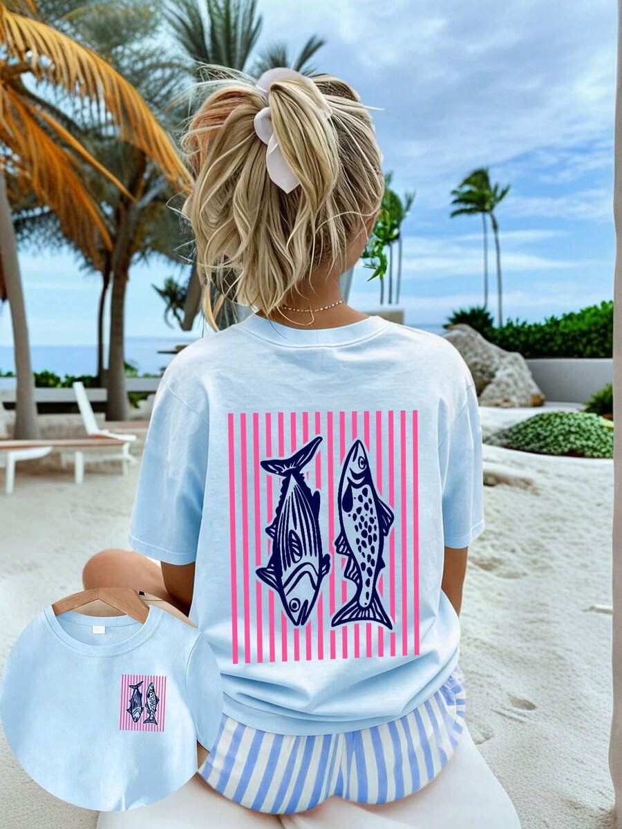 Conjunto de 2 piezas para niñas, camiseta de manga corta con cuello redondo de rayas rosas y estampado de peces, y shorts a rayas de corte aleatorio, cómodo y a la moda para el verano - Celeste - Ver 1