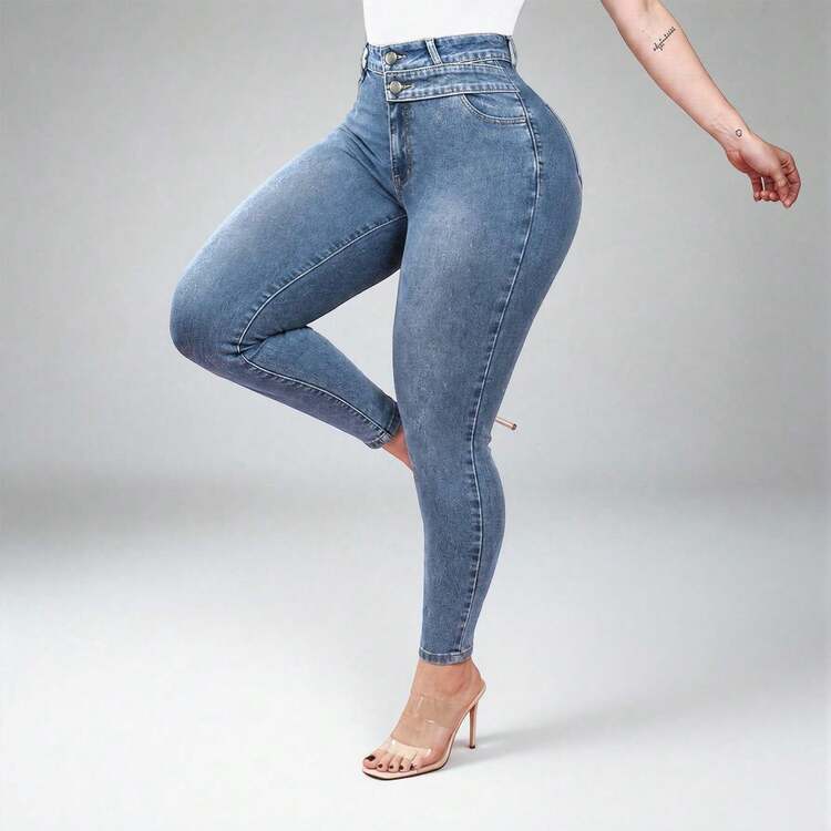 秋季女款提臀牛仔褲，高彈力緊身褲，時尚優雅度假休閒風 - 藍色 - 查看 3