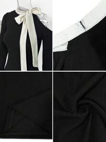 Autumn New Sexy Bodycon Long Sleeve Little Black Dress Fitted Bow Short Dress - Black - View 9