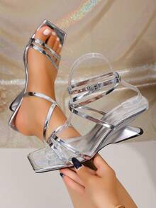 New Women's High Heel Sandals With Thin Straps And Rhinestone Buckle, Comfortable And Breathable, Spring/Summer New Style - Silver - View 1