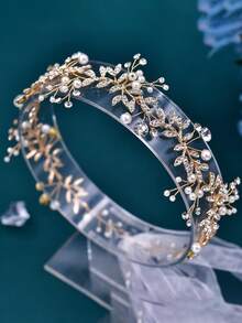 1pc Shiny Bridal Headband With Full Rhinestone Alloy Leaf Design, Women's Hair Accessory For Wedding, Party, Celebration, Ball Dress Up - Gold - View 6