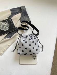 1Pc Nylon Solid Color Drawstring Bucket Bag With Polka Dot Pattern, Fashion Crossbody Shoulder Bag For Women - Grey - View 5