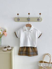 Miniweenns Baby Girl Preppy Back To School Summer Letter Embroidered Polo Collar Set, White & Brown Plaid Short Sleeve Top + Skirt 2-Piece Outfit - Multicolor - View 3