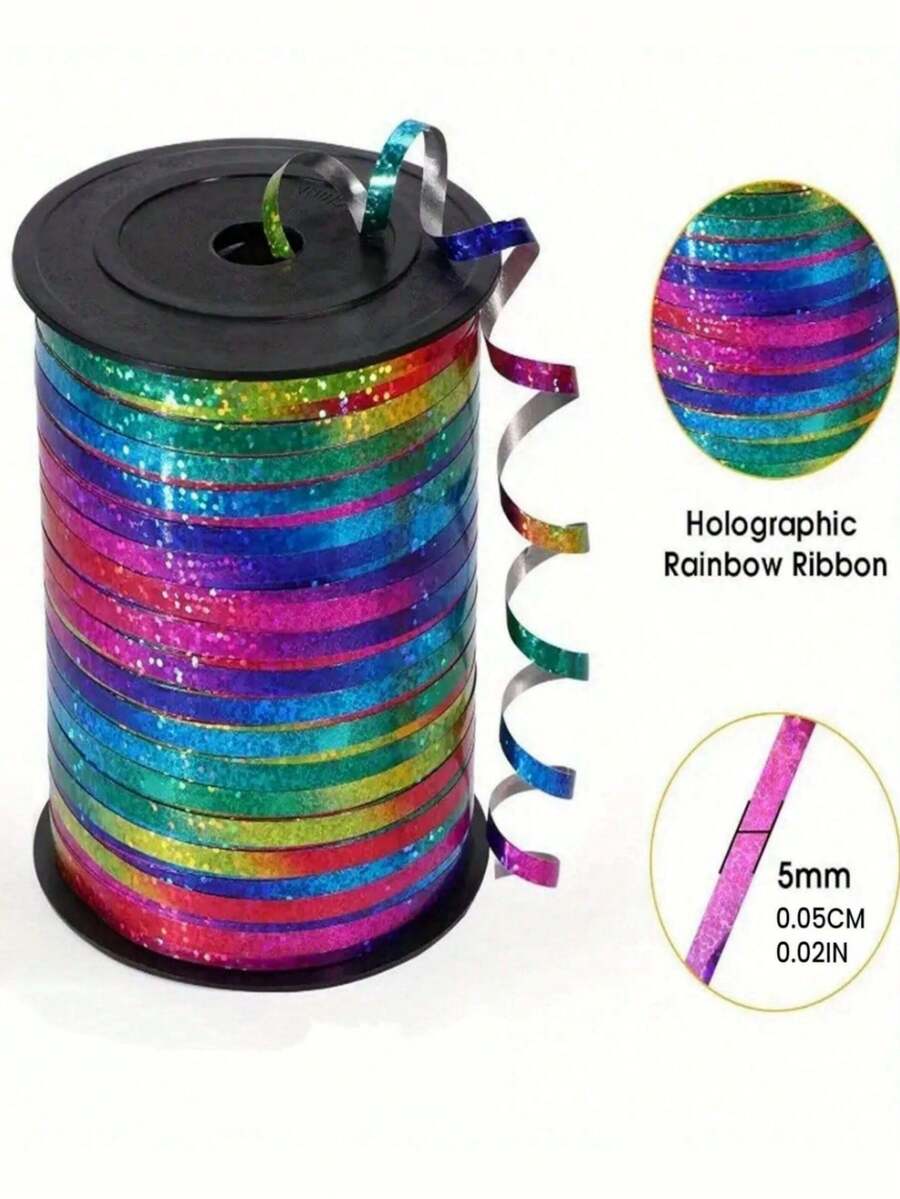 1 Roll Rainbow Curly Ribbon - Shiny Metallic Ribbon, Multicolor, Gold, Silver Options, Suitable For Gifts, Balloons, Weddings, Birthdays, Halloween, Christmas Decorations, Gift Wrapping, Bouquet Flower Packaging Supplies, Multi-Color Craft Materials - Laser - View 1