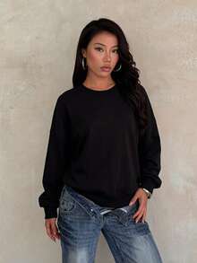 Women Solid Black Oversized Sweatshirt Mesh Patchwork Back Long Sleeve Top For Vacation, Casual Outfits, Black, Autumn Winter - Black - View 5