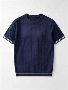 GRDR Men's Summer Ribbed Crew Neck Loose Fit Thin Knit Short Sleeve Sweater - Navy Blue - View 9