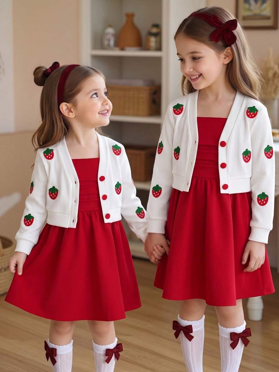 Young Girls School Outfit Autumn New Sweet Strawberry Knit Cardigan Red Spaghetti Strap Dress 2 Pieces Set Cute Gentle Girls Spring/Autumn Outfit - Red and White - View 1