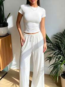Women's White Crew Neck Short T-Shirt And High Waist Wide Leg Pants Casual 2 Pieces Set, Medium Stretch, Suitable For Summer - White - View 5