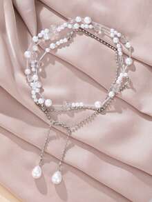 1pc Bohemian Multi-Layer Choker Necklace For Women Silver Color Chain Teardrop Faux Pearl Pendant Layered Necklace Y2K Jewelry - Necklace - View 8