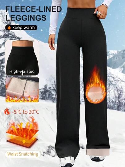 1pc Women's Fleece-Lined High Waist Wide Leg Casual Pants - Elastic Warmth, Comfortable For Winter, Black Daily Wear, Suitable For Home Or Outdoor, Christmas, Double-Sided Fleece Wide Leg Pants