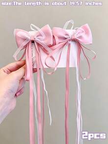 2pcs Macaron Color Satin Pearl Luster Tulle Long Ribbon Bow Hair Clips, Suitable For Children, Non-Slip Alligator Hair Clip Base, Multiple Colors Available, Children's Daily Accessories/Performance/Photography - Multicolor - View 16