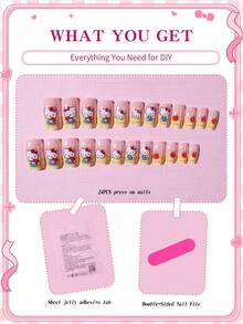 Sanrio Hello Kitty 24片中號正方形可愛3D黃色格紋法式穿戴甲，附Hello Kitty、水果與愛心圖案裝飾設計，適合壓克力假指甲套組，含1片果凍膠與1個指甲锉，適合女孩派對與聚會使用 - 彩色 - 查看 3