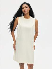 Leorrey 1pc Women's Fashion Long Tank Dress, Round Neck, Sleeveless, Ruched Cuffs, Loose, Soft, Comfortable, Sports Dress - Beige - View 10