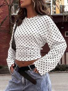 Casual Fashion Polka Dot Print Round Neck Ruched Waist Slimming Women's T-Shirt, Autumn/Winter New Arrival - White - View 5