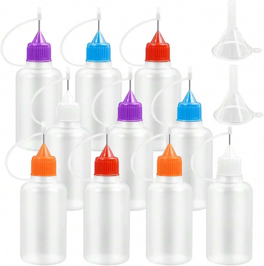 QVYQVY 10Pcs 30ml Needle Tip Glue Bottle, 2 Funnel Includes,Multicolored | 1 OZ Capacity, Refillable, Plastic Applicator, For DIY Paint Paper - ColorB - View 1