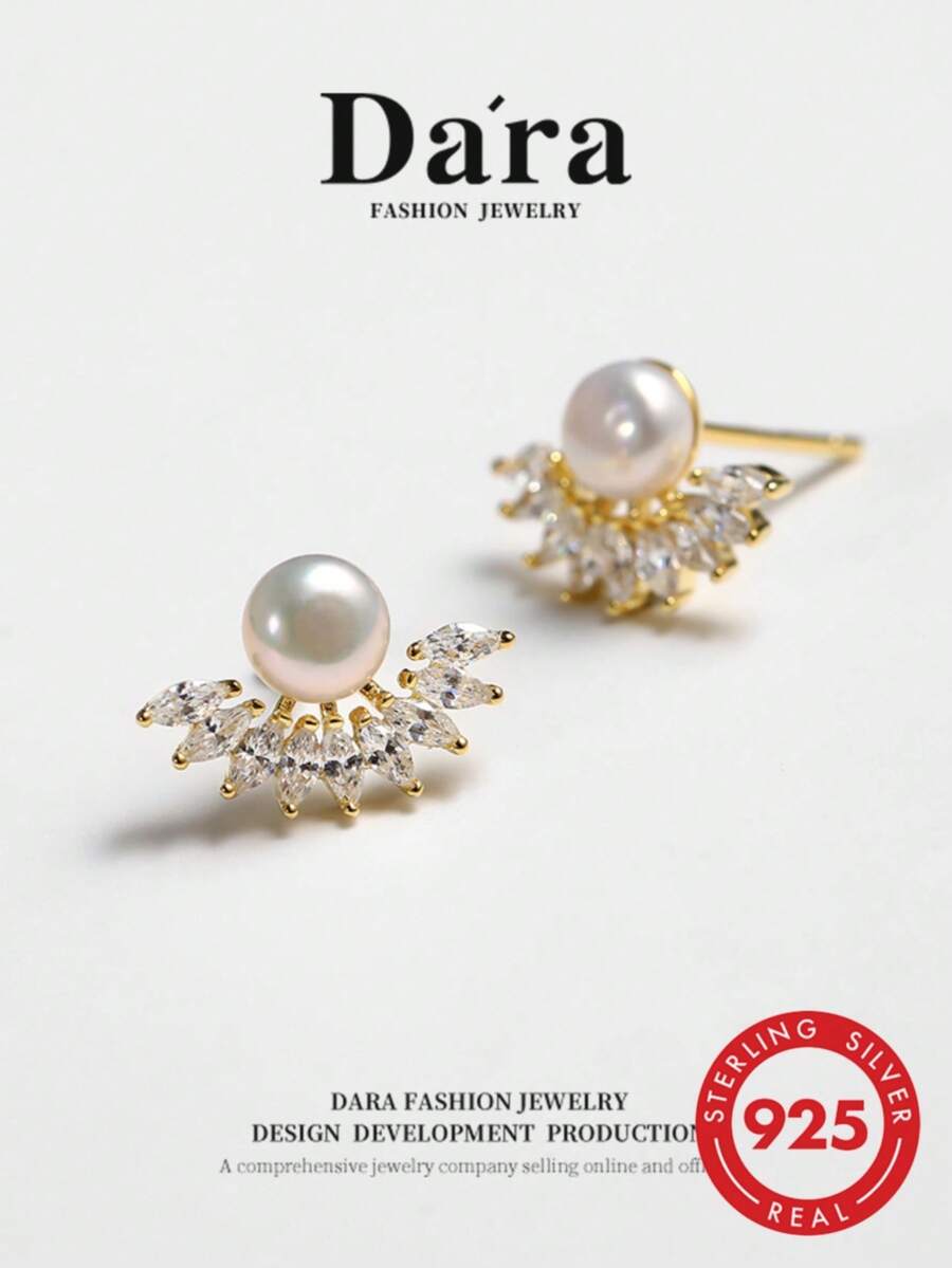 DARA Freshwater Pearl Stud Earrings S925 Silver Needle 5-6mm White Pearl Elegant Elegant Style Daily Matching Gift Essential - White Gold - View 1