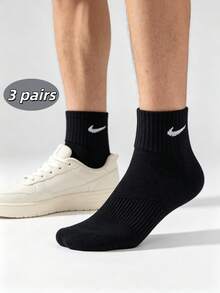 Kaos Kaki Olahraga Nike Musim Gugur/Dingin untuk Pria dan Wanita, Nyaman, Lembut, Tebal, Hingga Pertengahan Betis (Paket 3) - Hitam - View 1