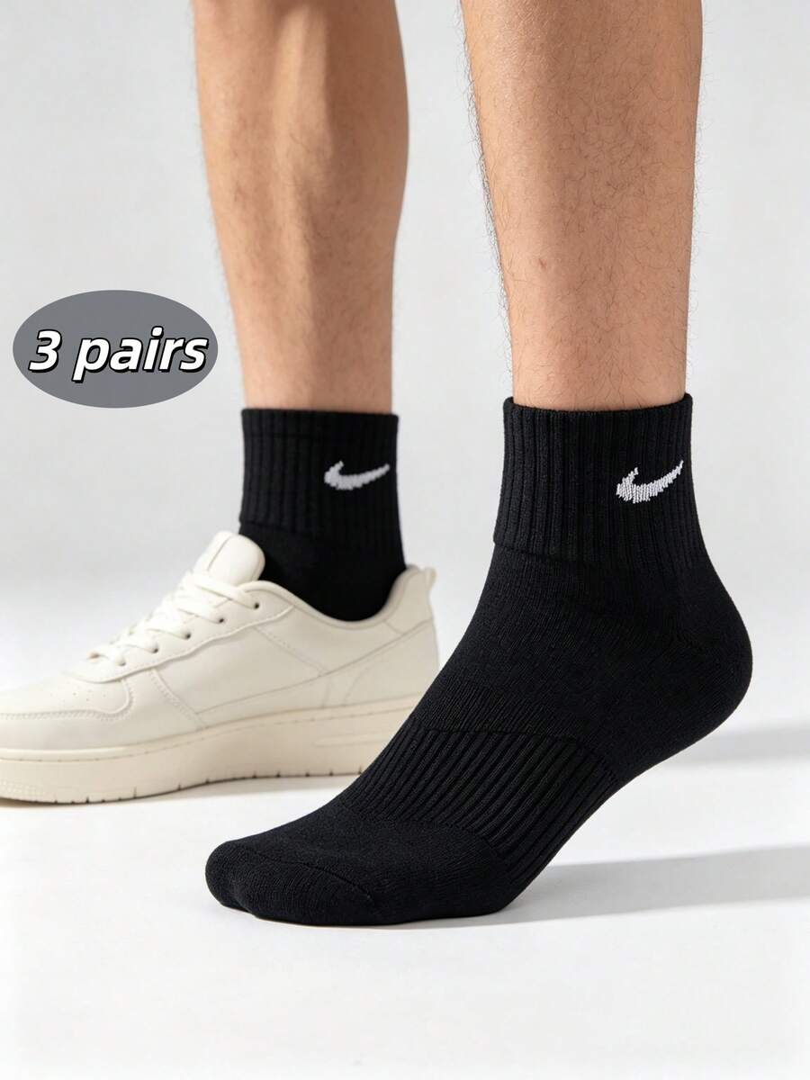 Kaos Kaki Olahraga Nike Musim Gugur/Dingin untuk Pria dan Wanita, Nyaman, Lembut, Tebal, Hingga Pertengahan Betis (Paket 3) - Hitam - View 1