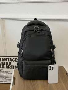 LECEY Multi-Zipper Pocket Nylon Laptop Backpack With Triangle Metal Zipper Pulls, Mesh Handle And Side Adjustment Buckle, Student School Bag - Black - View 5