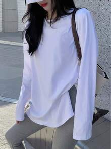 Bright White Long Sleeve Top, Loose Fit With Dropped Shoulder And Split Hem Design, Early Autumn Vibrant Girl Style Slimming Casual T-Shirt - White - View 4