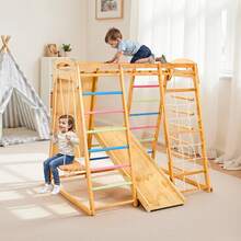 Indoor Playground Jungle Gym, 7-In-1 Wooden Indoor Playground For Kids, 250LBS Montessori Climbing Toys Playset With Swing, Monkey Bar, Slide, Wooden Ladder, Rope Ladder, Climbing Net & Rock - Colorful, 7-in-1, L - View 9