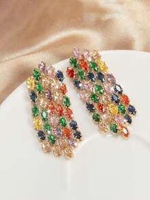 Pendientes largos de mujer de lujo con circonita colorida, brillantes y exagerados, de estilo exquisito y de moda - Multicolor - Ver 5