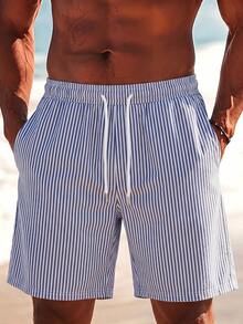Men's Striped Palm Tree Print Casual Beach Shorts With Drawstring, Summer - Dusty Blue - View 1
