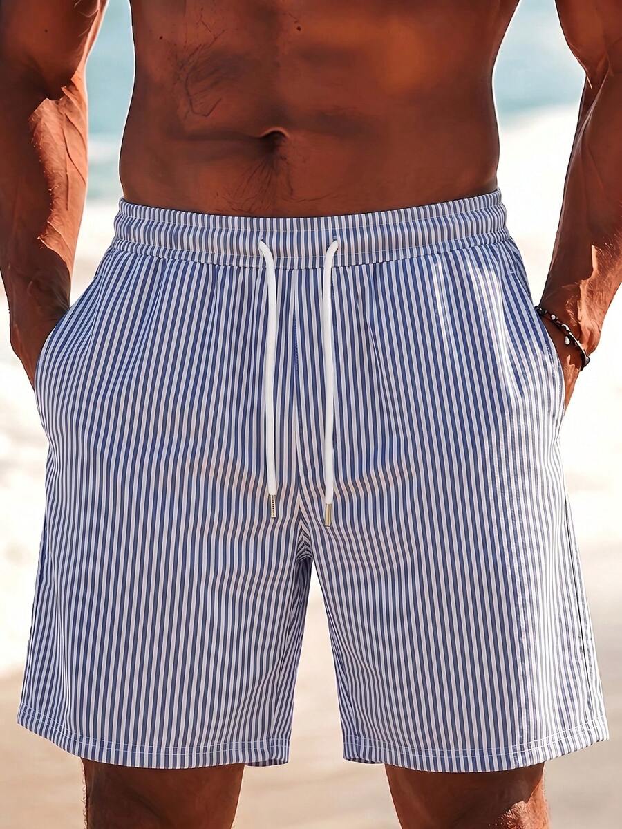 Men's Striped Palm Tree Print Casual Beach Shorts With Drawstring, Summer - Dusty Blue - View 1