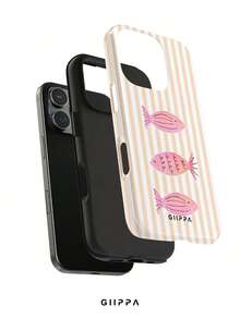 GIIPPA 1件淺橘色條紋背景配粉色魚紋設計手機殼，適用於Phone 17 Pro Max，兼容Phone 16 Pro Max、15 Pro Max、14 Pro Max，韓系高端時尚趣味手機殼，兼容11/12/13/14/15/16 Pro Max Plus，優雅設計男女皆宜，聖誕節、情人節、復活節、婚禮季與生日送女友的完美禮物！ - 橘色 - 查看 2