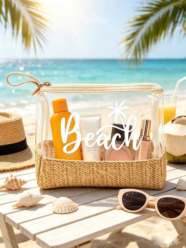 Large Capacity Makeup Bag, Beach Toiletry Bag, Portable Makeup Bag, Toiletry Bag, Travel Organizer Bag With Zipper, Poolside Carry-On Bag, Portable Small Bag, Personal Storage Bag, Island Travel Toiletry Bag, Travel Organizer Bag, Makeup Bag, Clutch Bag, Skincare Storage Bag, "Beach" Letter Coconut Tree Print Patchwork Woven Toiletry Bag, Smooth Zipper Design, Ideal Choice For Cosmetics, Travel Essentials And Vacation Supplies