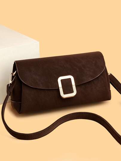 Distressed Leather Baguette Underarm Bag, Double Layer Square Buckle Flap, Maillard Vintage Minimalist Adjustable Crossbody Commuter Small Bag