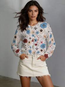 ADFHP Women's Ditsy Floral Knit Cardigan, Long Sleeve Button Front Casual Sweater, Bohemian Style Autumn Versatile Piece - Multicolor - View 10